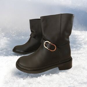 Salvatore Ferragamo Black Moto Boots with Gold Buckle